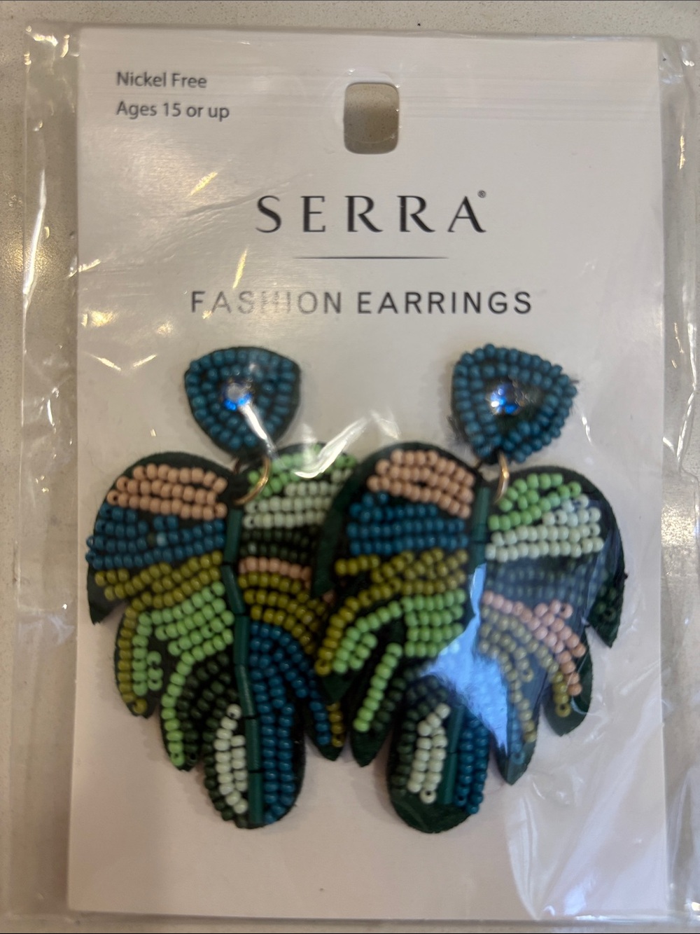 SERRA Green, Blue and Pink Beaded Leaf Drop Earrings